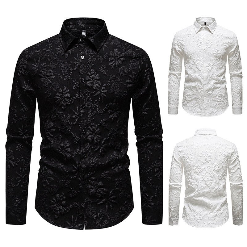 Men's Floral Long Sleeve Shirt Fashion Jacquard Loose-fitting Plus Size Tops - Image 4