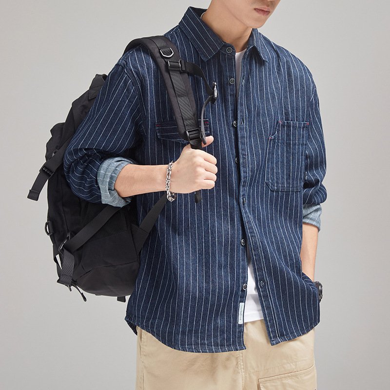 Men's Striped Denim Shirt Long Sleeve Japanese-style Retro