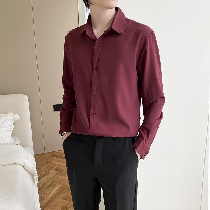 Shirt Men's Wine Red Long Sleeve Slim Fit Business - Image 10