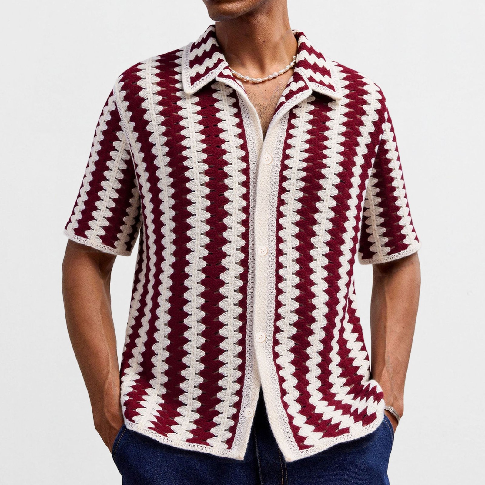 Vintage Stripe Knitwear Crocheted Short-sleeved Hollow Shirt - Image 4