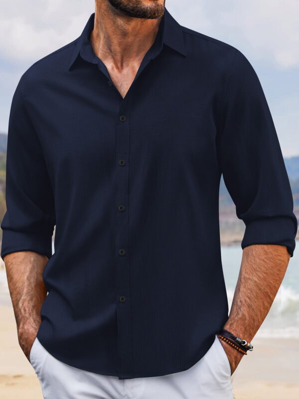 In Stock Spring And Autumn Jacquard Casual Men's Lapel Long Sleeve Shirt - Image 6