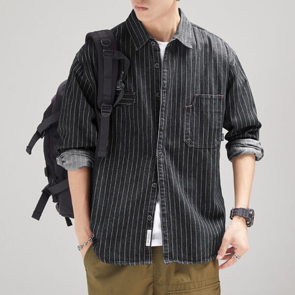 Men's Striped Denim Shirt Long Sleeve Japanese-style Retro - Image 3