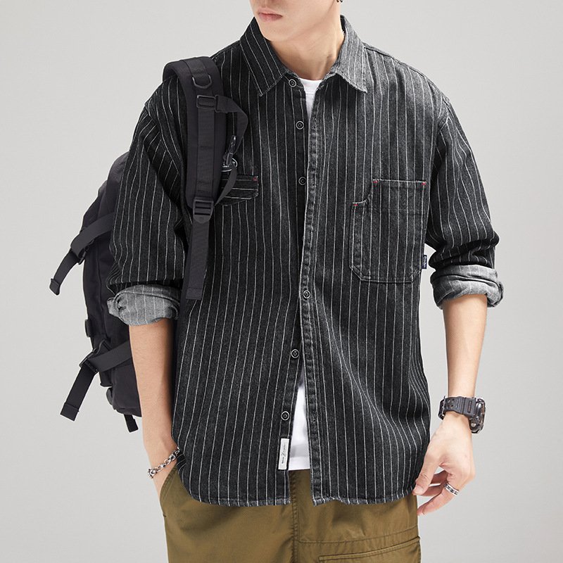 Men's Striped Denim Shirt Long Sleeve Japanese-style Retro - Image 3
