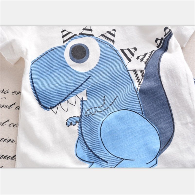 Boy Cartoon Dinosaur Short Sleeve Stripe Shorts Set - Image 3