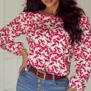 Red Floral Print Long Sleeve Open Back Blouse