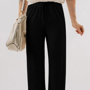 Black Textured Loose Drawstring Pants