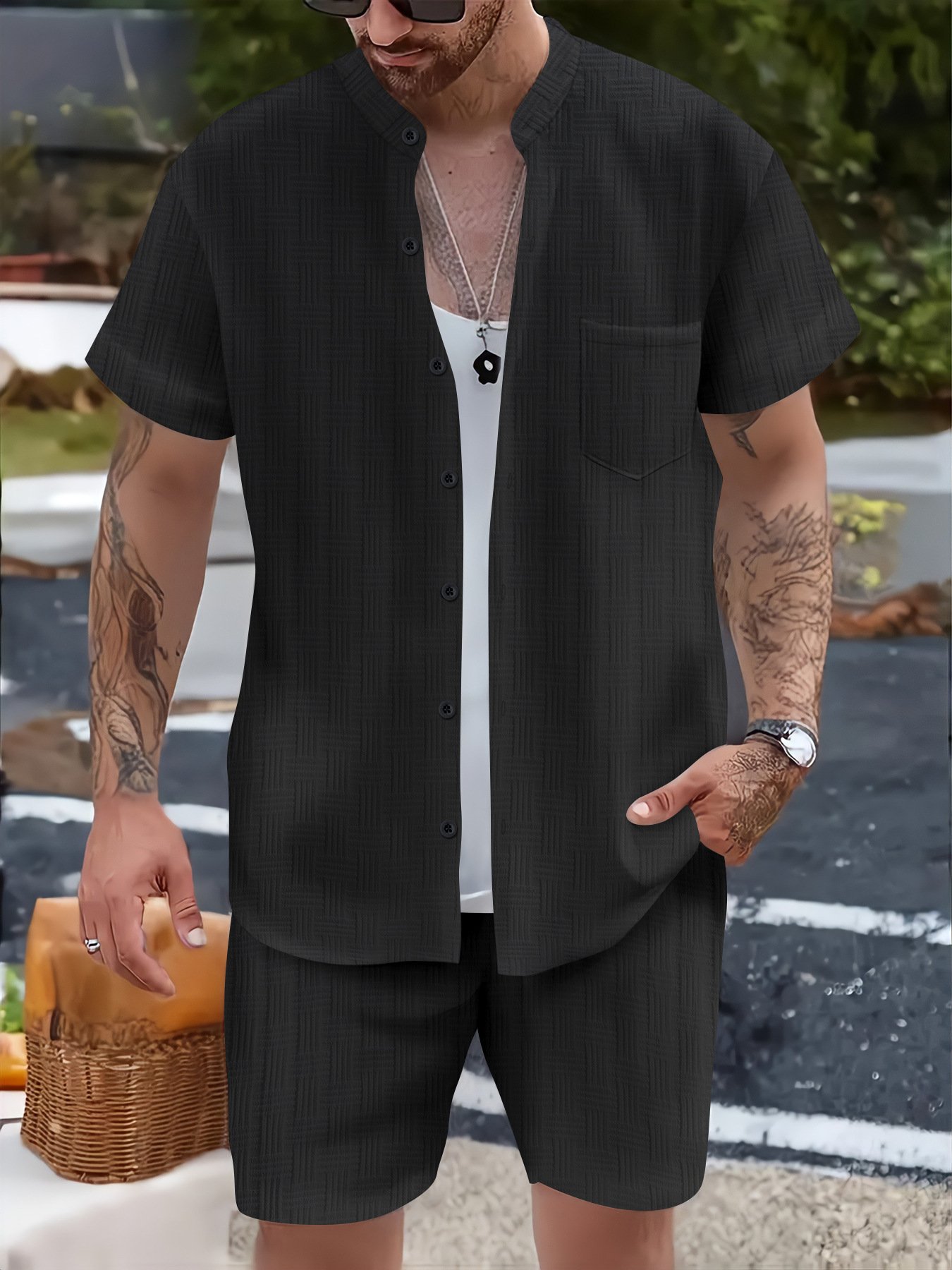 Men's Shirt Casual Henry Collar Pocket - Image 8