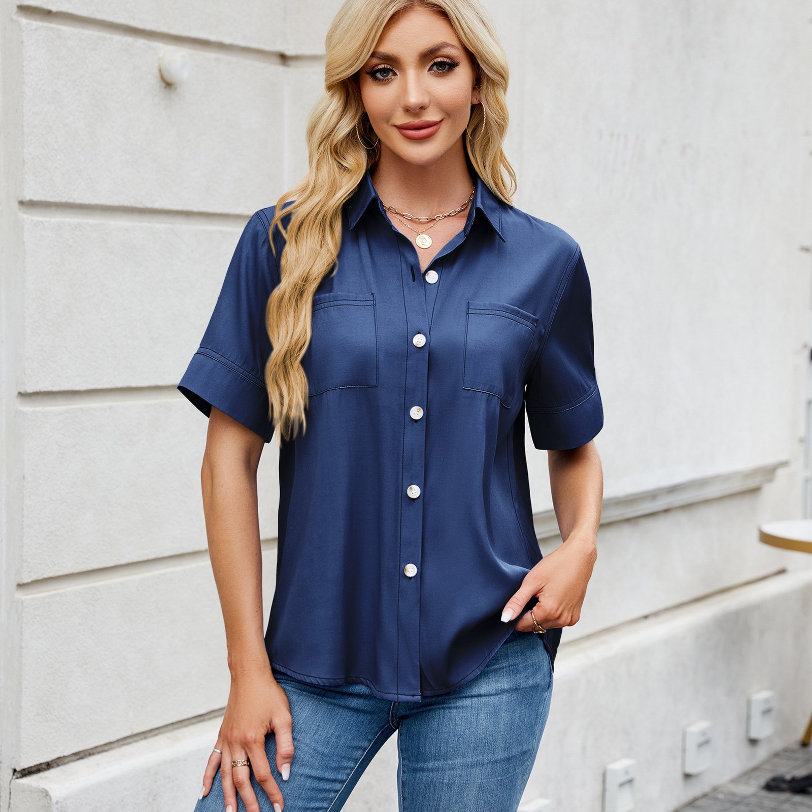 Women's One Breasted Faux Denim Short Sleeve Loose Shirt - Image 5