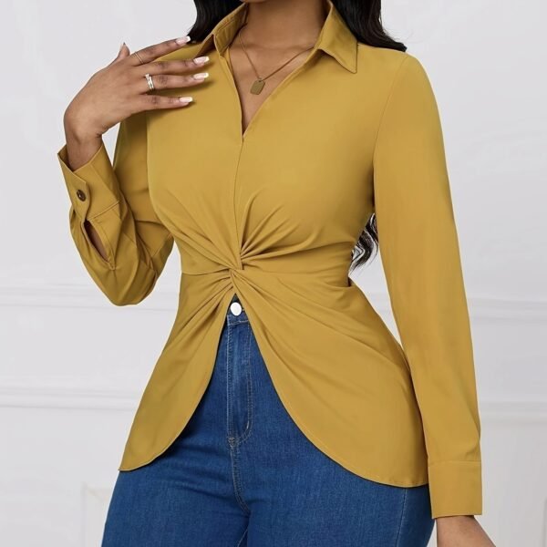 Women's Solid Color V-neck Knot Design Long Sleeved Shirt Top - Image 4