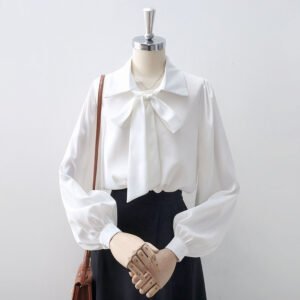 White Satin Bow Lapel Shirt For Women