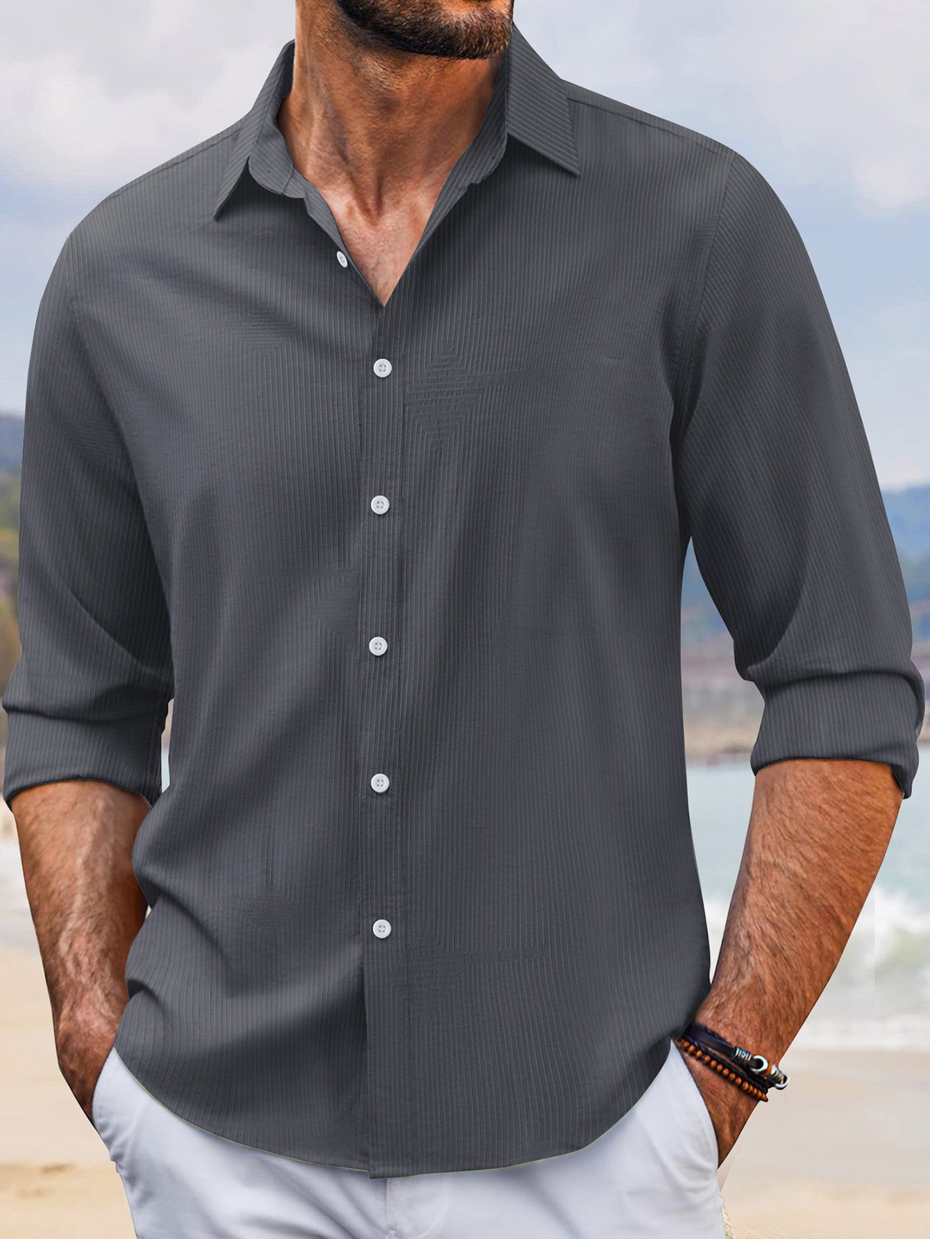 In Stock Spring And Autumn Jacquard Casual Men's Lapel Long Sleeve Shirt - Image 9