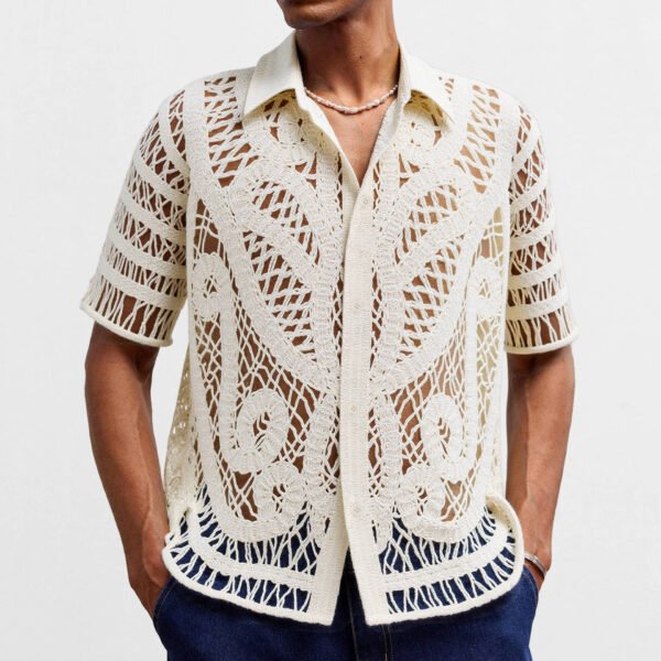 Men's Hollow Sweater Short Sleeved Crochet Cardigan Polo Shirt - Image 6