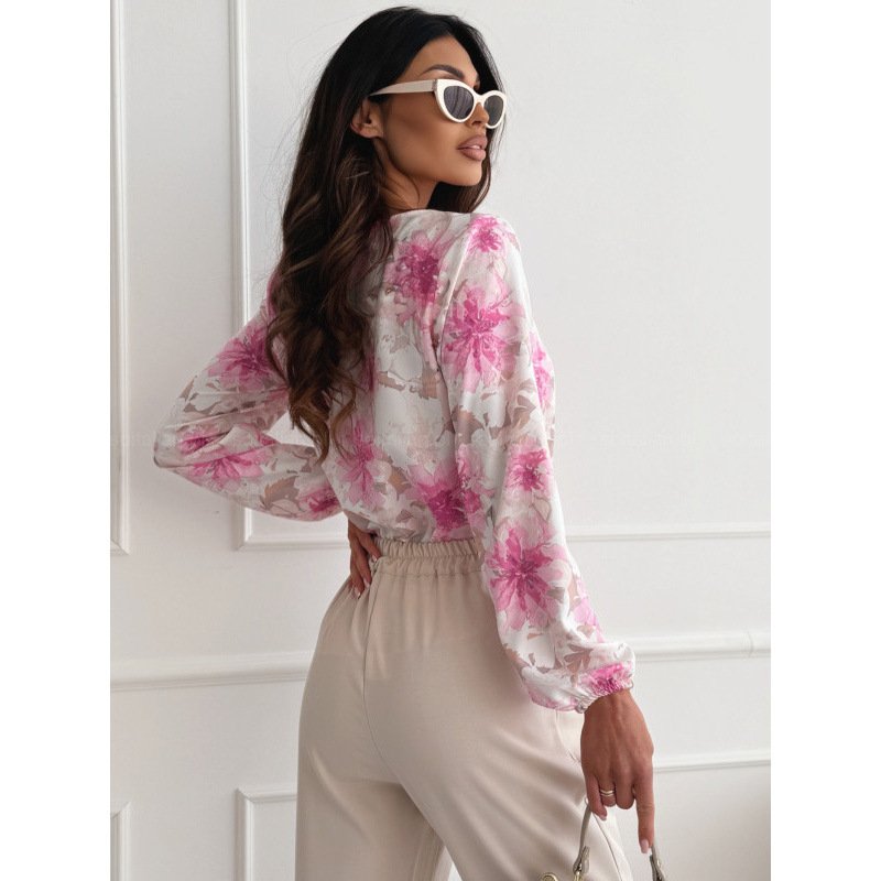 Women's All-match Long-sleeved V-neck Printed Shirt - Image 3