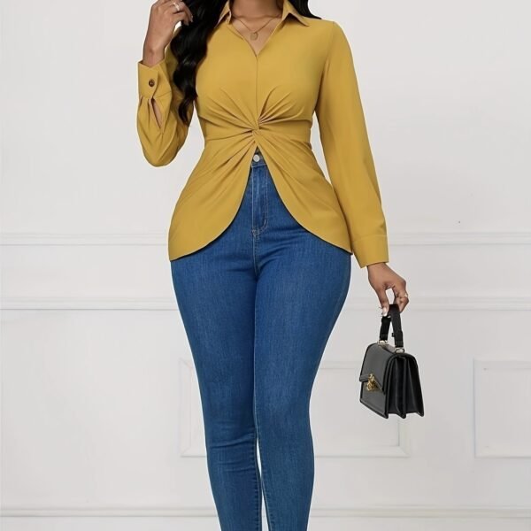 Women's Solid Color V-neck Knot Design Long Sleeved Shirt Top - Image 2