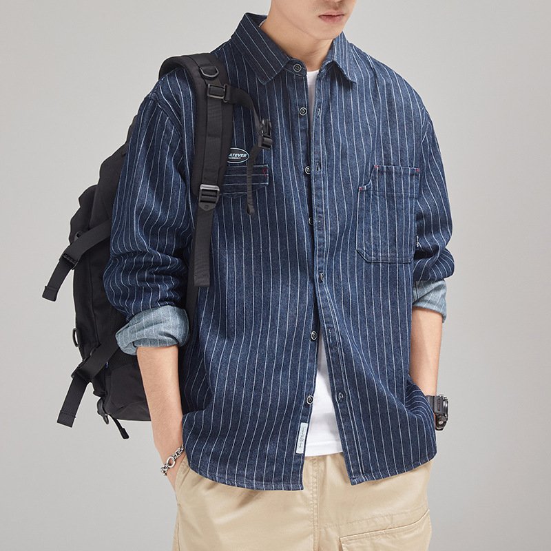 Men's Striped Denim Shirt Long Sleeve Japanese-style Retro - Image 5