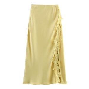 Spring And Summer Side Slit Lace Elastic Waist Satin Skirt Long Skirt