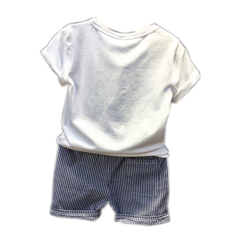 Boy Cartoon Dinosaur Short Sleeve Stripe Shorts Set - Image 2