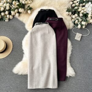 Woolen High Waist Sheath Split Straight One-step Skirt