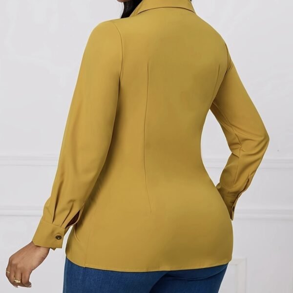 Women's Solid Color V-neck Knot Design Long Sleeved Shirt Top - Image 3