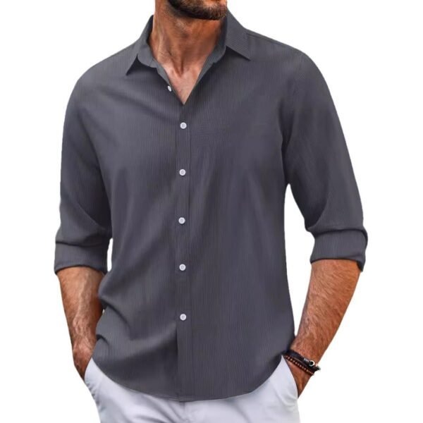 In Stock Spring And Autumn Jacquard Casual Men's Lapel Long Sleeve Shirt - Image 4