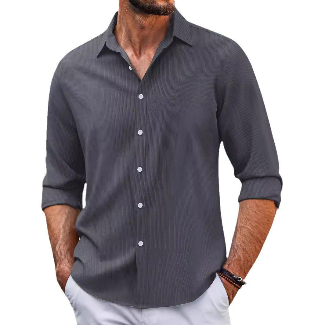 In Stock Spring And Autumn Jacquard Casual Men's Lapel Long Sleeve Shirt - Image 4