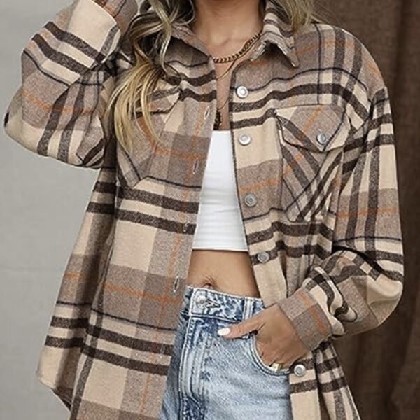 Ladies' Casual Plaid Lapel Button Long Sleeved Jacket - Image 3