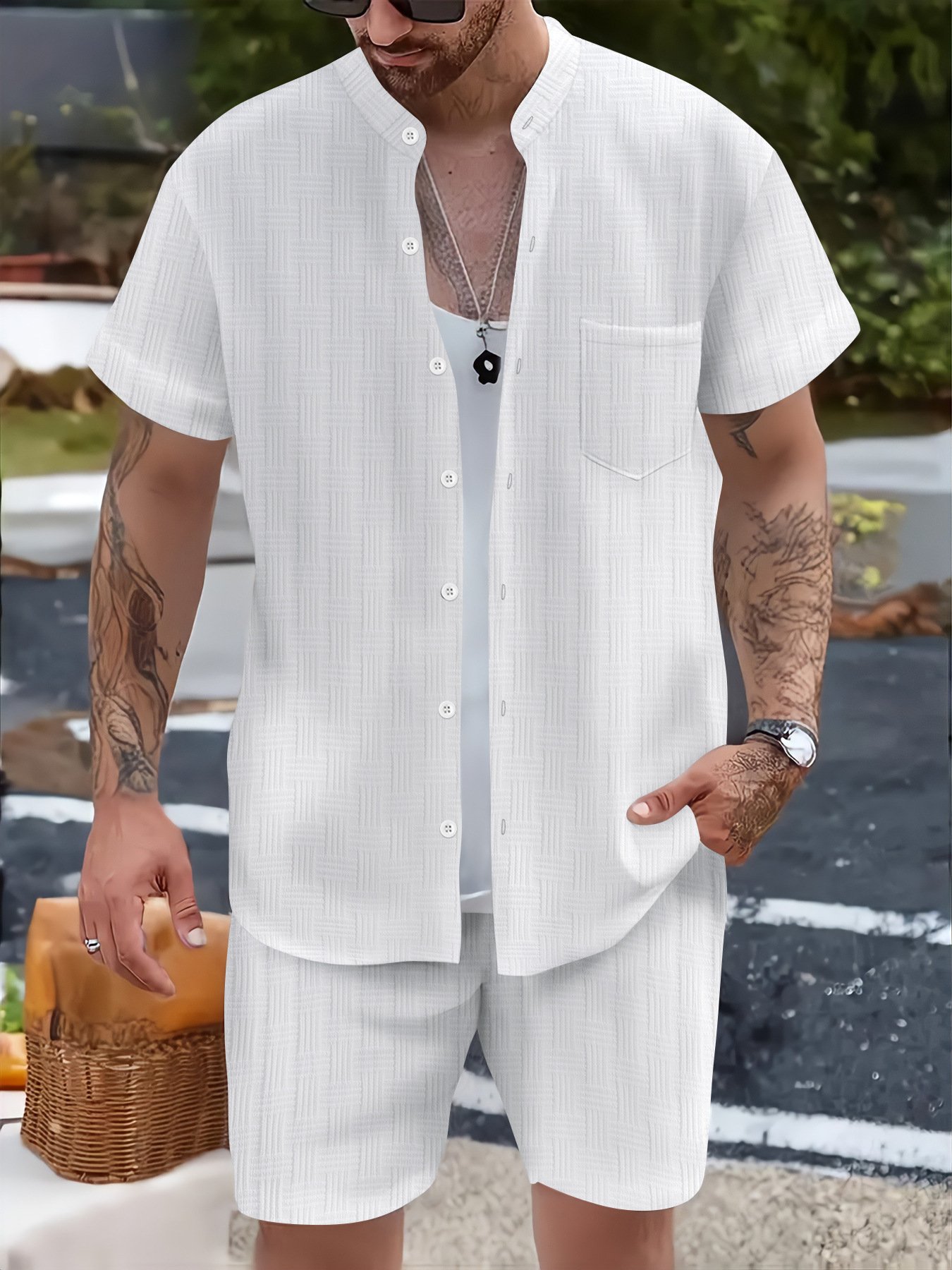 Men's Shirt Casual Henry Collar Pocket - Image 9