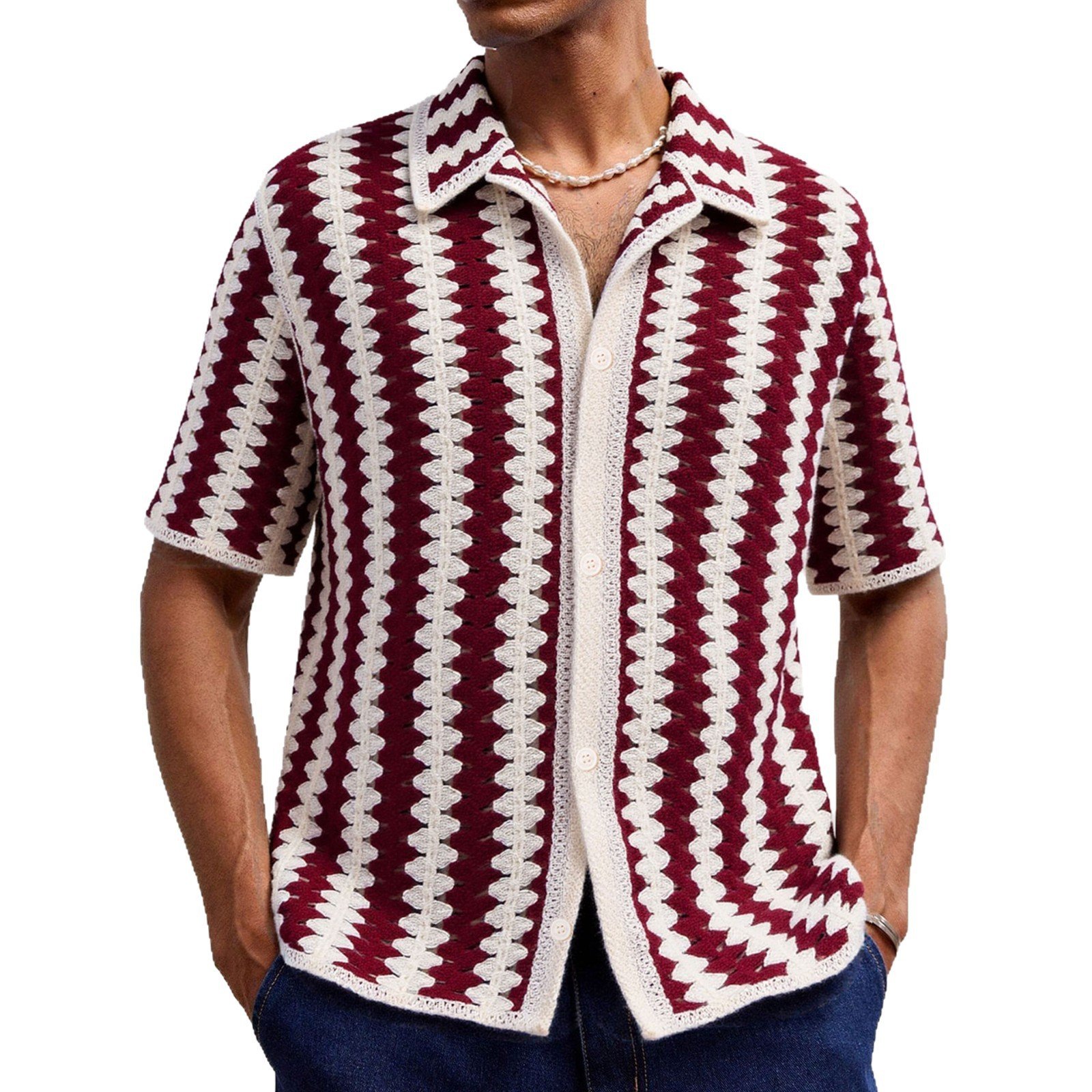 Vintage Stripe Knitwear Crocheted Short-sleeved Hollow Shirt - Image 2