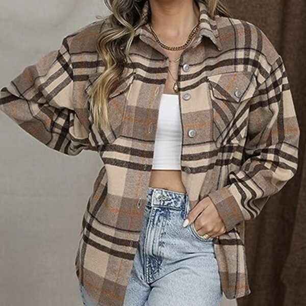 Ladies' Casual Plaid Lapel Button Long Sleeved Jacket - Image 4