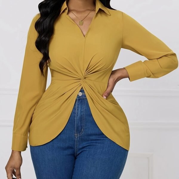 Women's Solid Color V-neck Knot Design Long Sleeved Shirt Top - Image 5