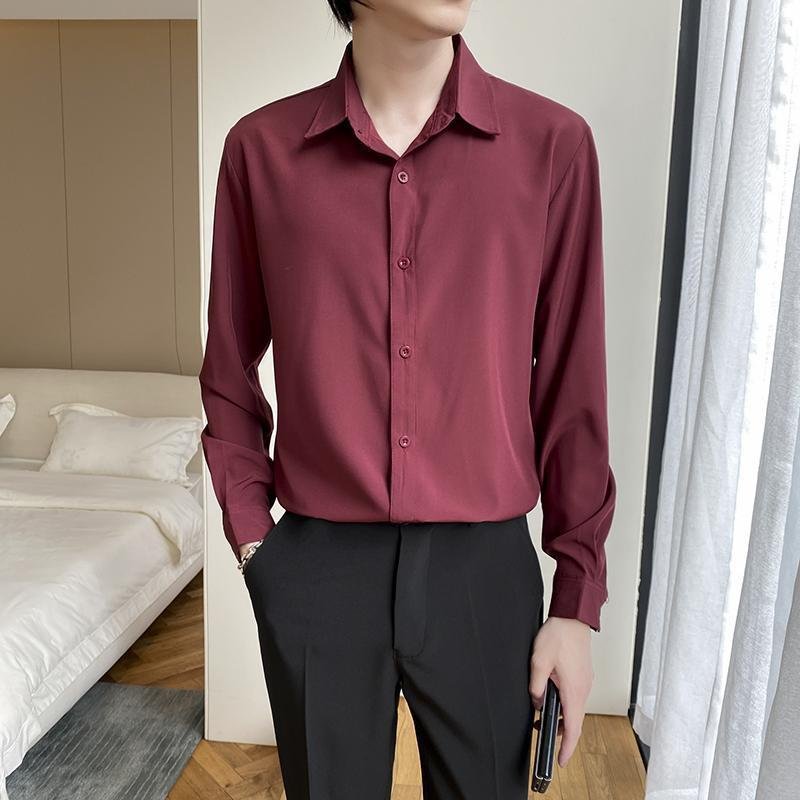 Shirt Men's Wine Red Long Sleeve Slim Fit Business
