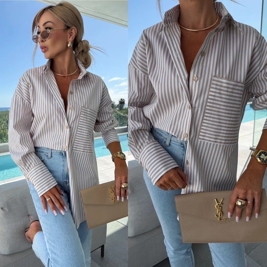 Fashion Casual Button Striped Printed Long Sleeves Shirt - Image 7