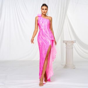 One-shoulder Diagonal Collar Sequined Slit Evening Dress