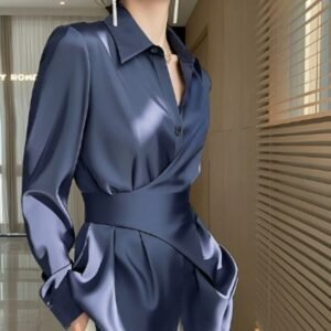 Blue Shirt Satin Waist Trimming Shirt Women's Clothing