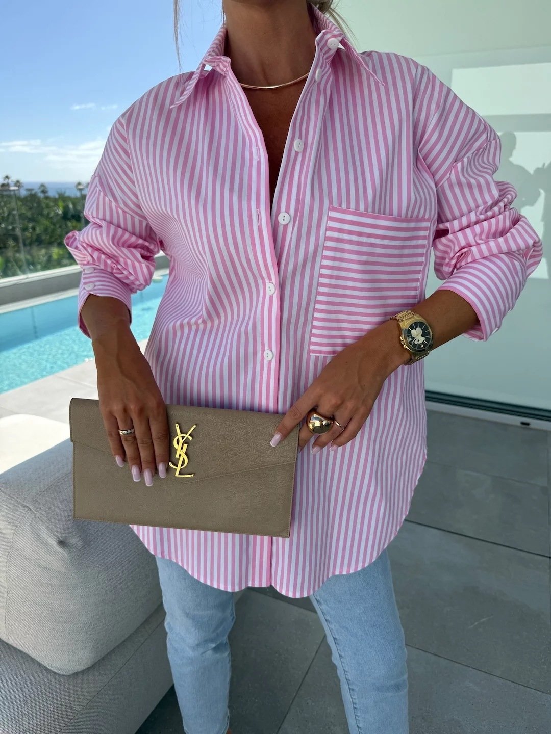 Fashion Casual Button Striped Printed Long Sleeves Shirt - Image 5