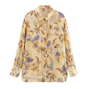 Linen Blended Ethnic Style Floral Print Long Sleeve Shirt