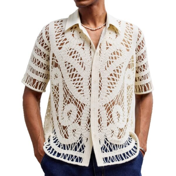 Men's Hollow Sweater Short Sleeved Crochet Cardigan Polo Shirt - Image 2