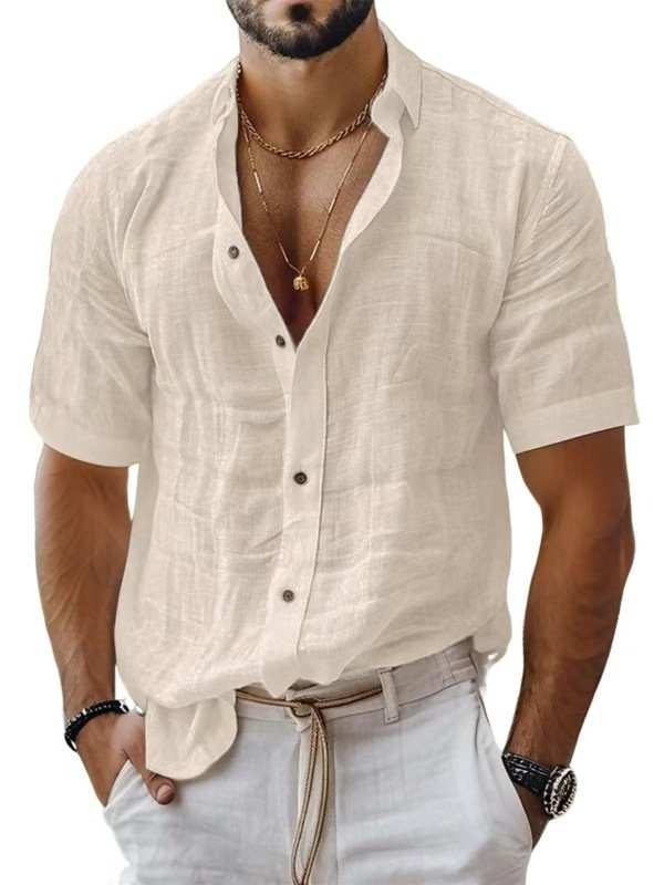 Men's Summer Men's Lapel Shirt Solid Color Short Sleeve Cotton Linen Shirt - Image 5