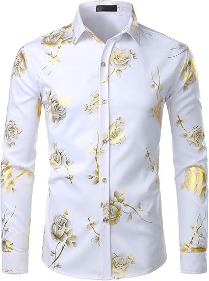 3D Golden Rose Print Slim Fit Long Sleeve Formal Wear Shirt - Image 6