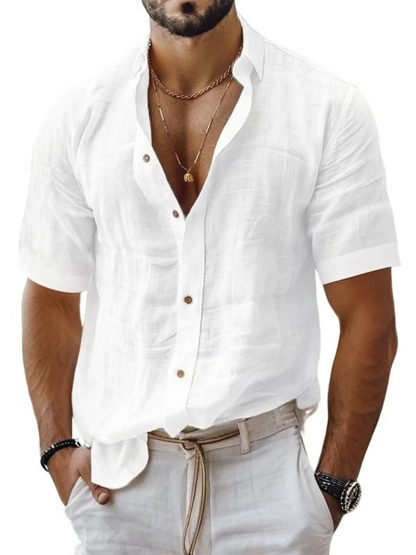 Men's Summer Men's Lapel Shirt Solid Color Short Sleeve Cotton Linen Shirt - Image 6