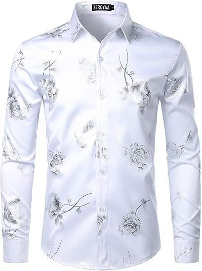 3D Golden Rose Print Slim Fit Long Sleeve Formal Wear Shirt - Image 5