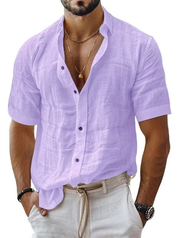 Men's Summer Men's Lapel Shirt Solid Color Short Sleeve Cotton Linen Shirt - Image 3