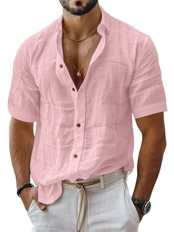 Men's Summer Men's Lapel Shirt Solid Color Short Sleeve Cotton Linen Shirt - Image 2