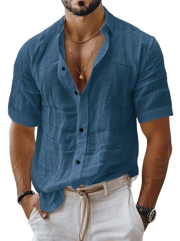 Men's Summer Men's Lapel Shirt Solid Color Short Sleeve Cotton Linen Shirt - Image 7
