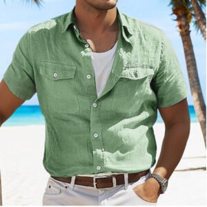 Men's Linen Summer Shirt Beach Solid Color Polo Collar Spring And Summer