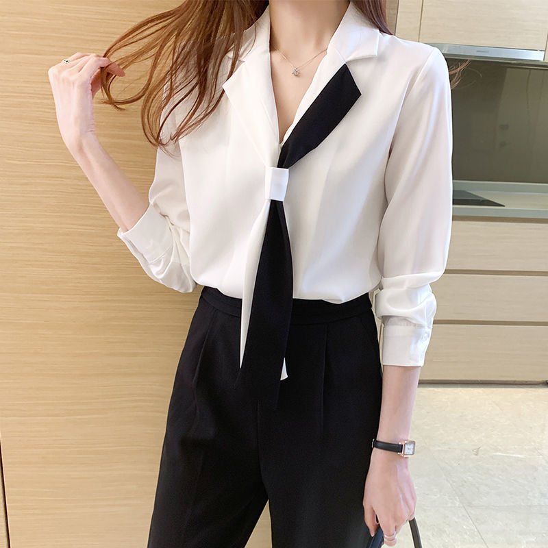 Women's Design Sense Niche Suit Collar Chiffon White Shirt - Image 3