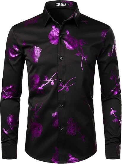 3D Golden Rose Print Slim Fit Long Sleeve Formal Wear Shirt - Image 7