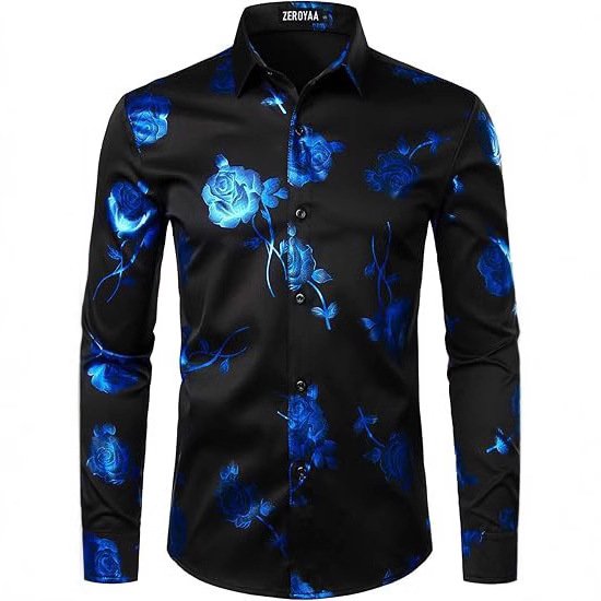 3D Golden Rose Print Slim Fit Long Sleeve Formal Wear Shirt - Image 9