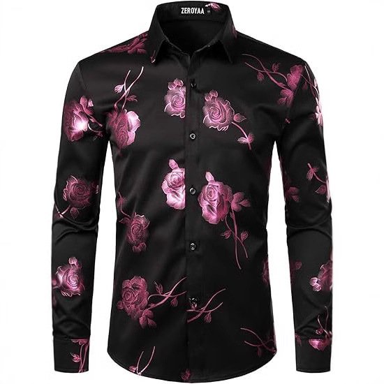 3D Golden Rose Print Slim Fit Long Sleeve Formal Wear Shirt - Image 10