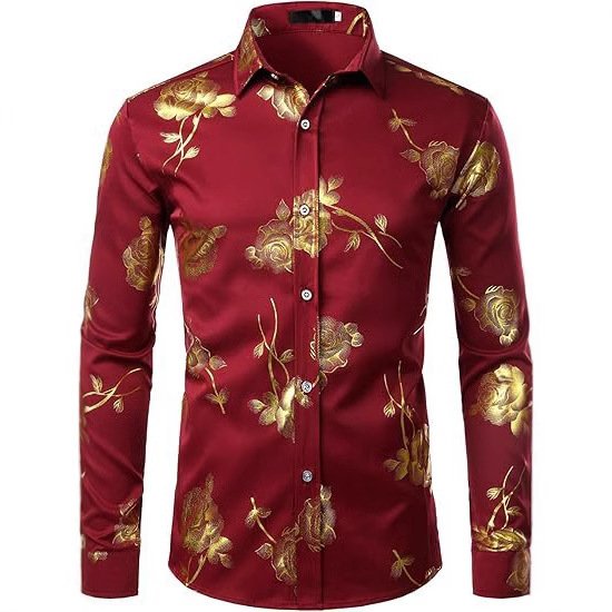 3D Golden Rose Print Slim Fit Long Sleeve Formal Wear Shirt - Image 2